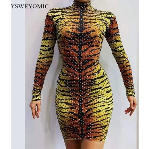 Sexy Tiger Pattern Printed Short Dress Rhinestones Stretch Outfit Singer Performance Wear Womens Birthday Celebrate Party Dress