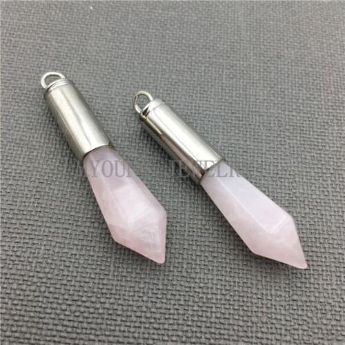 MY0278 Pink Crystal Quartz Spike Point Pendant with Large Pure Silver Color Cap and Bail,Natural Stone Pillar Necklace Pendant