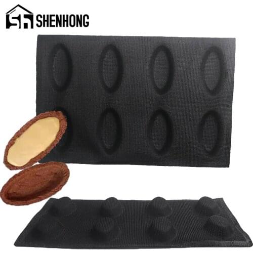 SHENHONG Black 8 Cavity Shell Bread Mold Glass Fiber Silicone Mould Non Stick Perforated Bakeware Bun Form Pastry Baking Tools