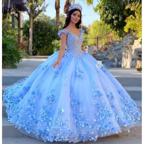 Light Blue Beading Crystal Handmade Flowers Ball Gown Quinceanera Dresses Off The Shoulder Sweet 16 Dress Prom Party Dress