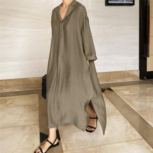 TVVOVVIN New Long Sleeve Pullover Dress Womens Korean V-neck Loose Large Size Casual Split Linen Dress 0ZTT