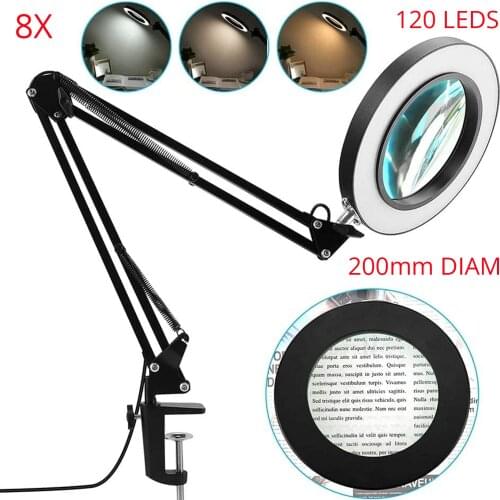 120 LEDS Flexible Desk Large 8X USB LED Magnifying Glass 3 Colors Illuminated Magnifier Lamp Loupe Reading/PC/Soldering station