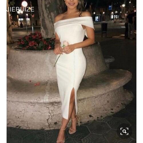 JIERUIZE White Tea Length Evening Dresses Off the Shoulder Side slit buttons Formal Dresses