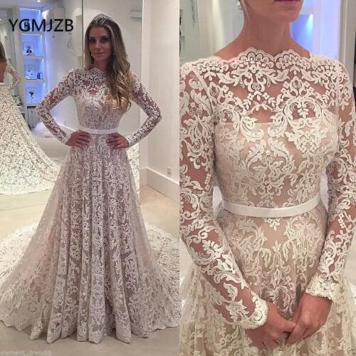 Champagne Vintage Long Sleeves Wedding Dresses Lace 2020 A Line Boat Neck Backless Dubai Wedding Gowns for Bride Bridal Dress