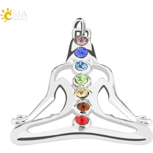 CSJA Seven Rainbow Rhinestone Pave 7 Chakra Energy Jewelry Pendant Reiki Health Amulet for Girl Boy Womans Mens Charm Gifts E014