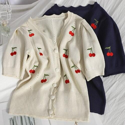 Sweet summer embroidered cherry knitted shirt women V-neck puff sleeve hollow short-sleeved tops