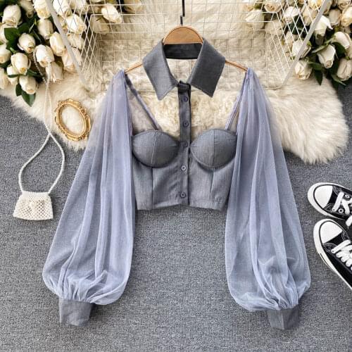 Women Mesh Sheer Blouse See-through Long Sleeve Crop Top Single-breasted Shirt Blouse Fashion Backless Sexy Shirt Female