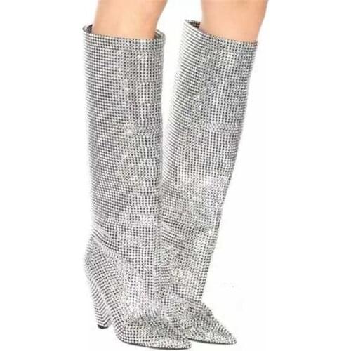 US4-11 Womens Pointed Toe Knee High Thigh Boots Rhinestones Crystal Bling Spike Heel Pull On Shoes Plus Size 3Colors Luxury C833