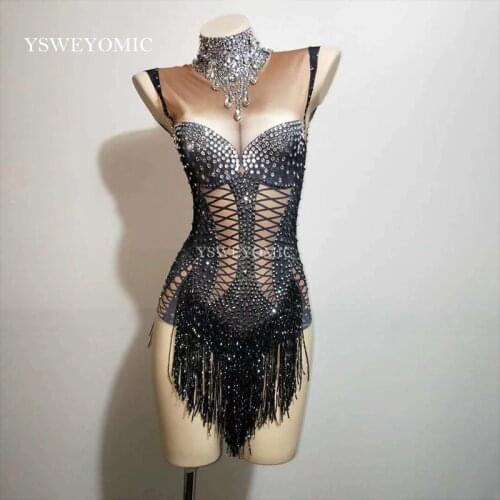 Dance Costume Black Tassel Bodysuit Sleeveless Big Stretch Womens Party Prom Bar Outfit Stage Female Singer Show Romper