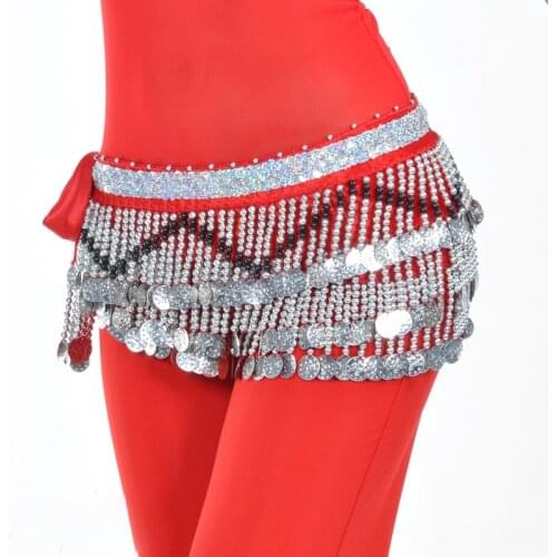 Wholesale Women Dance Clothing Accessories 3 Rows Rectangle Hip Scarf Adjustable Fit 258 Coins Belly Dance Belt Silver Coin
