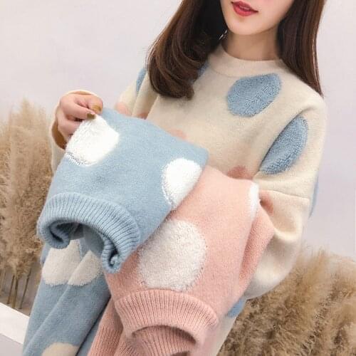 Womens Sweaters and Pullover Dot Printed Roun Neck Winter Clothes Warm Long Sleeve Jumpers Pull Femme Womens Tops 2020 Autumn