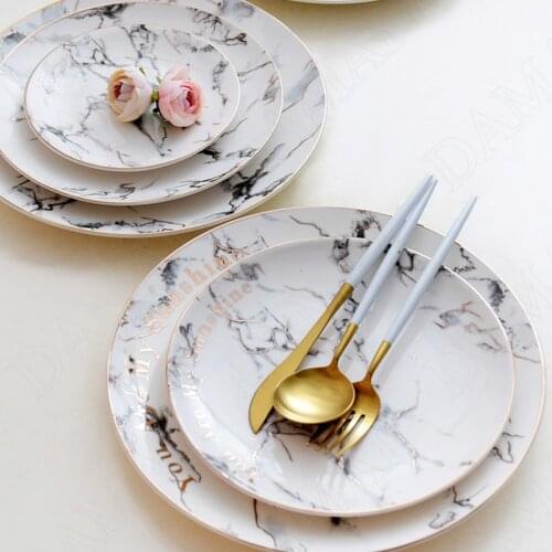 Golden Stroke Ceramics Plate Home Dining Table Main Course Trays Marble Texture Western Steak Pasta Dish Restaurant Serving Tray
