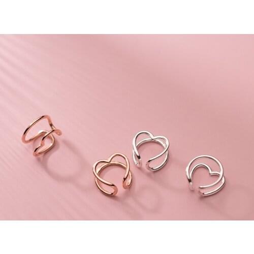 100% Real 925 Sterling Silver Simple Ear Cuff Wrap Earrings Double Layered Heart and Circle Shape Non-pierced Cartilage Earrings