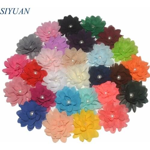100pcs/lot 3.2'' Champray Chiffon Flower with Pearl Center Girls Headwear Flower Beautiful DIY Material MH83