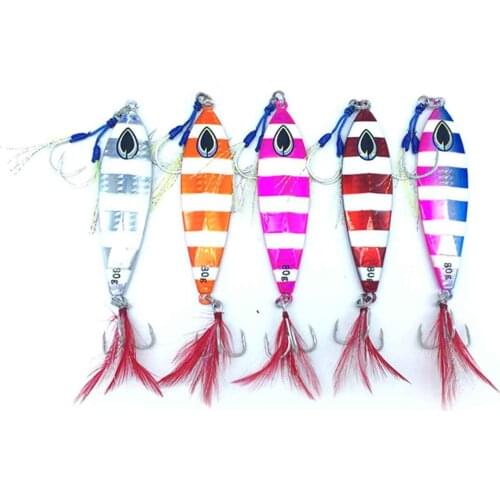 5PCS Deep sea Jigging Glow zebra Fishing Ocean Boat Rock Beach Slow Jig Jigbait Spoon Lure baits Feather Hook 80g
