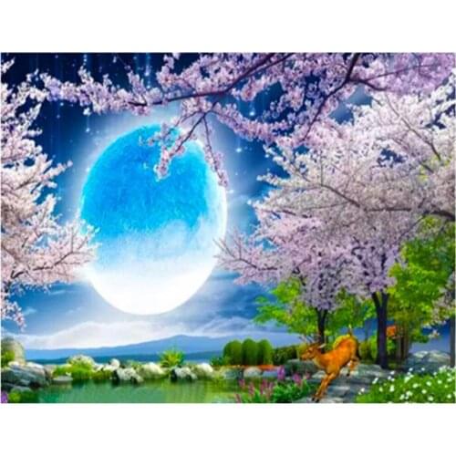 5D Diamond Painting Moon Cherry Blossom Tree Nature Landscape DIY Diamond Embroidery Mosaic Garden Full Drill Cross Stitch Decor