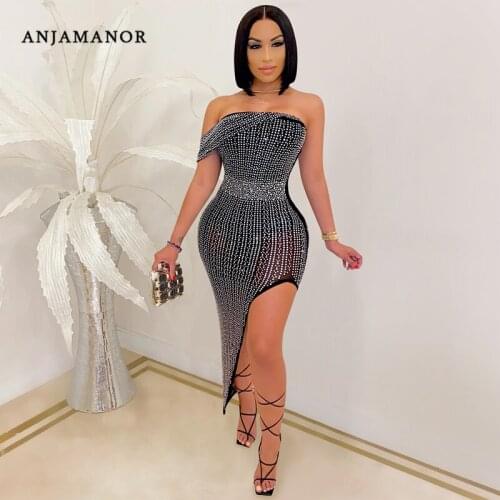 ANJAMANOR Rhinestones Mesh Sexy Bodycon Dresses for Women Party Club Outfits Asymmetric Thigh High Split Long Dress D42-FH31