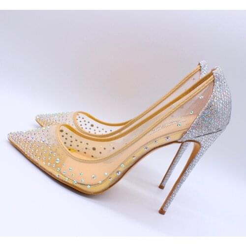 Free shipping fashion women Pumps lady Nude mesh strass Pointy toe high heels shoes size33-43 12cm 10cm 8cm bride wedding shoes