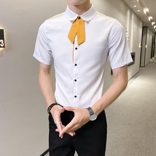 British Style Plus Size 5XL-M Summer Short Sleeve Shirts Men Clothing 2021 Fashion Removable Tie Slim Fit Casual Blouse Homme