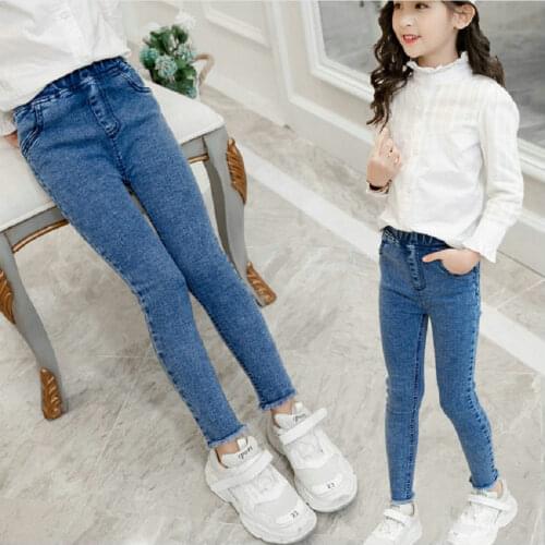 Kids Jeans Girls 2021 Spring And Summer New Slim Feet Pants Foreign Hair Edge Pencil Pants 3-12 Years High Quality Elastic Waist