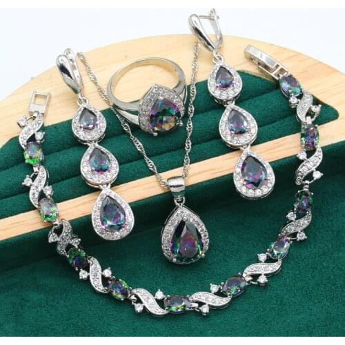 Dubai Classic Rainbow Zircon Wedding Silver Color Jewelry Set for Women Bracelet Long Earrings Necklace Ring Christmas Gift