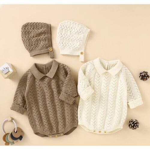 Autumn baby creeping suit Newborn Boys and Girls Baby Sweater Romper Long Sleeve Jumpsuit Romper + Cap Two-piece Set