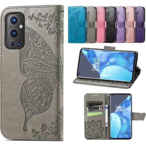 Fashion Solid Color Butterfly Embossed Leather Phone Case For One Plus 9R 9 7T 7 Pro 8T Nord N10 N100 5G With Card Slot Cases