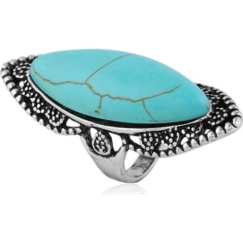 Retro Fashion Statement Exaggerated Antiqued Silver Blue Resin Chunky Stone Ring for Woman Men Jewelry