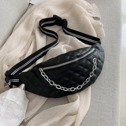 Fashion Lattice Pattern Women Chain Waist Bag PU Leather Solid Color Zipper Shoulder Chest Belt Pouch Casual Daily Crossbody Bag