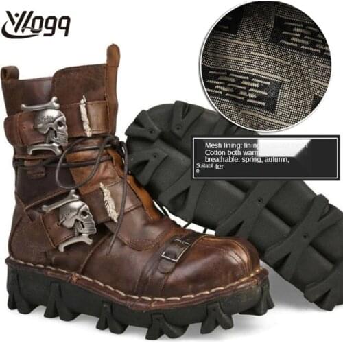 Men Genuine Leather Boots Men Shoes Motorcycle Boots Military Tactical Boots Gothic Skull Punk Martin Boots Warm Plus Size50