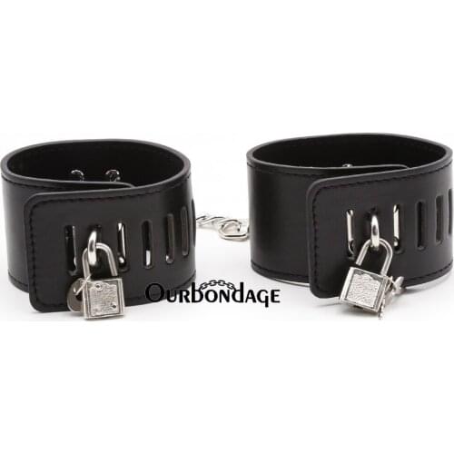 Ourbondage PU Leather Black Strap BDSM Fetish Bondage Handcuffs with Padlock Restraints For Adult Sex Toy