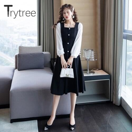 Trytree Spring Autumn Women Casual Dress Square Collar Buttons Patchwork Puff Sleeve A-line Mid-Calf Office Lady Black Dress