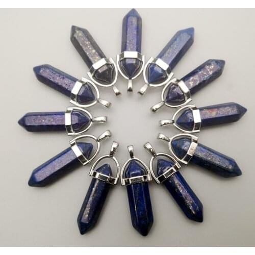 Lapis lazuli 12pc natural stone crystal High quality pillar Pendants & necklaces for making Jewelry charm Pendulum accessories