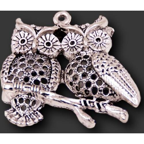 3pcs Silver Plated Owl Pendant Hip Hop Style Animal Couple Charm Silver Color 42*39mm A433