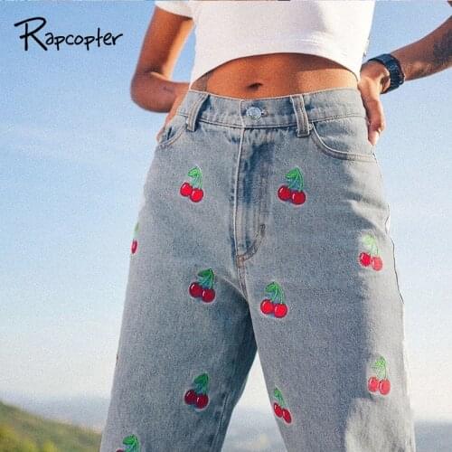 Rapcopter Sweet Embroidery Jeans Pants 90s Women High Waist Pants Y2K Pants Pockets Pencil Jeans Cute Denim Pants Retro Trousers