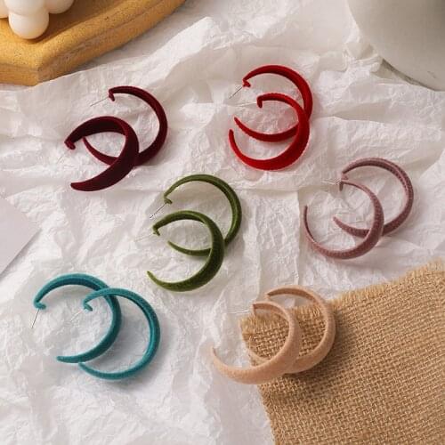 Pink Blue Green Red Beige Burgundy Velvet C Shape Earrings for Women Rainbow Circle Open Hoop Earrings Statement Party Jewelry