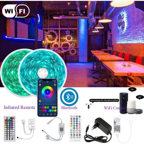 PIRTSDEL 5M-40M Bluetooth LED Strip 5050 RGB Strip LED Light Flexible Ribbon Stripe DC 24V RGB Diode Tape IR Controller Adapter