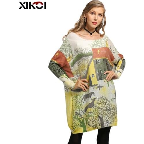 XIKOI Oversize Sweater Women Pullover Dress Pull Femme Relax Countryside Style Print Knitted Winter Warm Clothes Batwing Sleeve