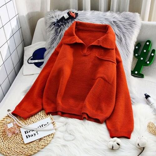 Turn-down Collar Solid Knitted Women Sweater and Pullovers V-neck Long-sleeved Solid Casual All Match Female Pulls Outwear Tops