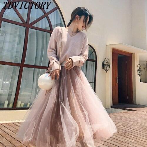 High Quality 2021 Fall Women V-neck Long Sleeve Loose Knitted Sweater + Elastic Waist Gauze Skirt 2 Pieces Ladies Skirt Suits