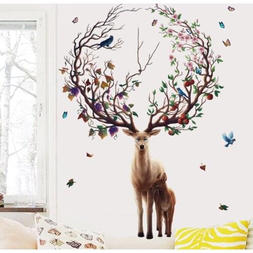 Creative Deer Wall Stickers Colorful Horn Birds Tree Branch Room Wall Decor Vinyl Decals Murals Aesthetic Wallpaper