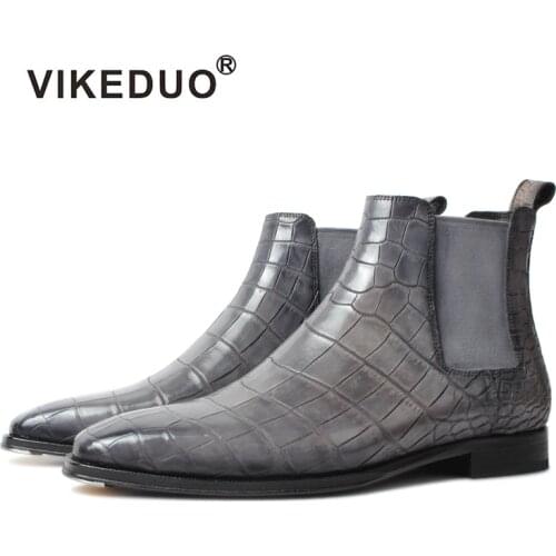 Vikeduo Hand Made 2020 New Arrivals Guangzhou Footwear Design Silver Grey Chelsea Boot Men Crocodile Mens Boots Shoes Outdoor