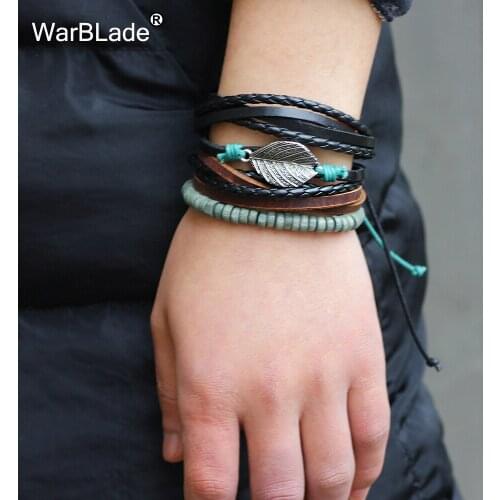 WarBLade Vintage Multilayer Leather Braided Women Bracelets Leaf Wood Beads Bracelet Bangle Punk Wrap Wristband For Men Jewelry