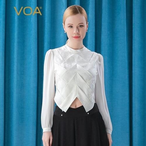VOA 38m/m Silk Half High Collar Pearl Button T-shirt Long Sleeve Spring Tops for Women Sexy 2021 Fashion Street Tops BE336
