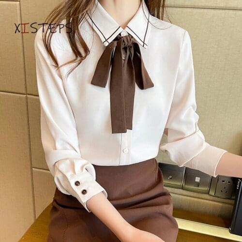 OL Style Women Chiffon Blouses Bow Tie Shirts Apricot Female Office Work Wear Tops Long Sleeve Ladies Clothes 2021 Spring Autumn