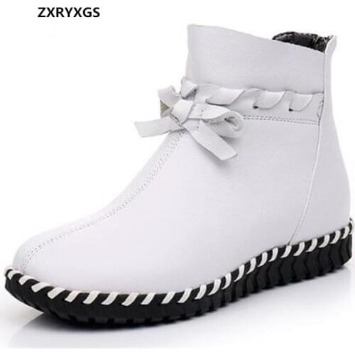 HOT 2021 New High Quality Soft Cowhide Bow Spring Fashion Boots Women Ankle Boots Large Size Flat Boots Warm Shoes Winter Boots