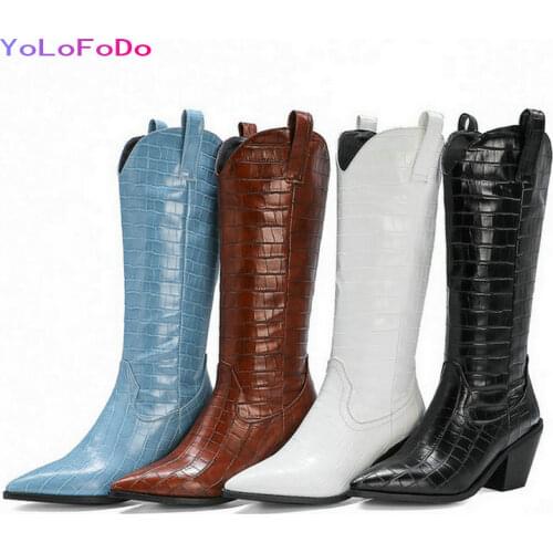 2021 Women Western Boots Patent Leather Ladies Knee High Boots Fashion Pointed Toe Square Heel Calf Boots Black Blue White Brown