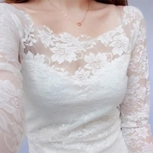 Fashion Sexy Plus Size Lace Top Womens Hollow Out Slash neck Lace Hollow long Sleeve Elegant Womens Tops DD8256