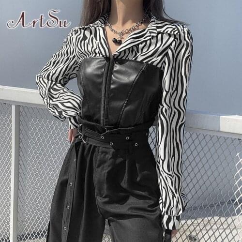 ArtSu Winter Autumn Zebra Pattern Skinny PU Leather Corset Tops T Shirt Woman Sexy Long Sleeve Black Cropped Shirts TS52621