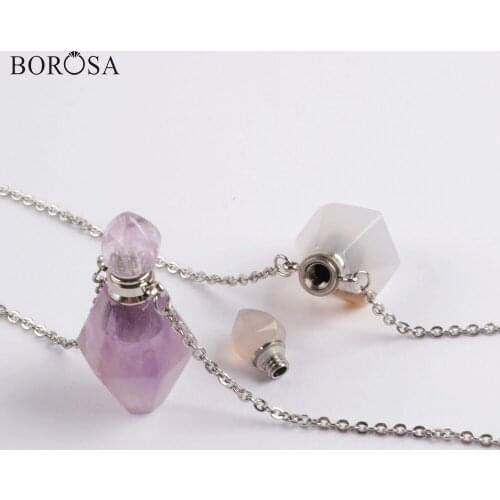 Gems Stone Essential Oil Diffuser Silver Color Perfume Bottle Pendant Necklaces 19inch Long Necklace for Women Girls Gift WX1610